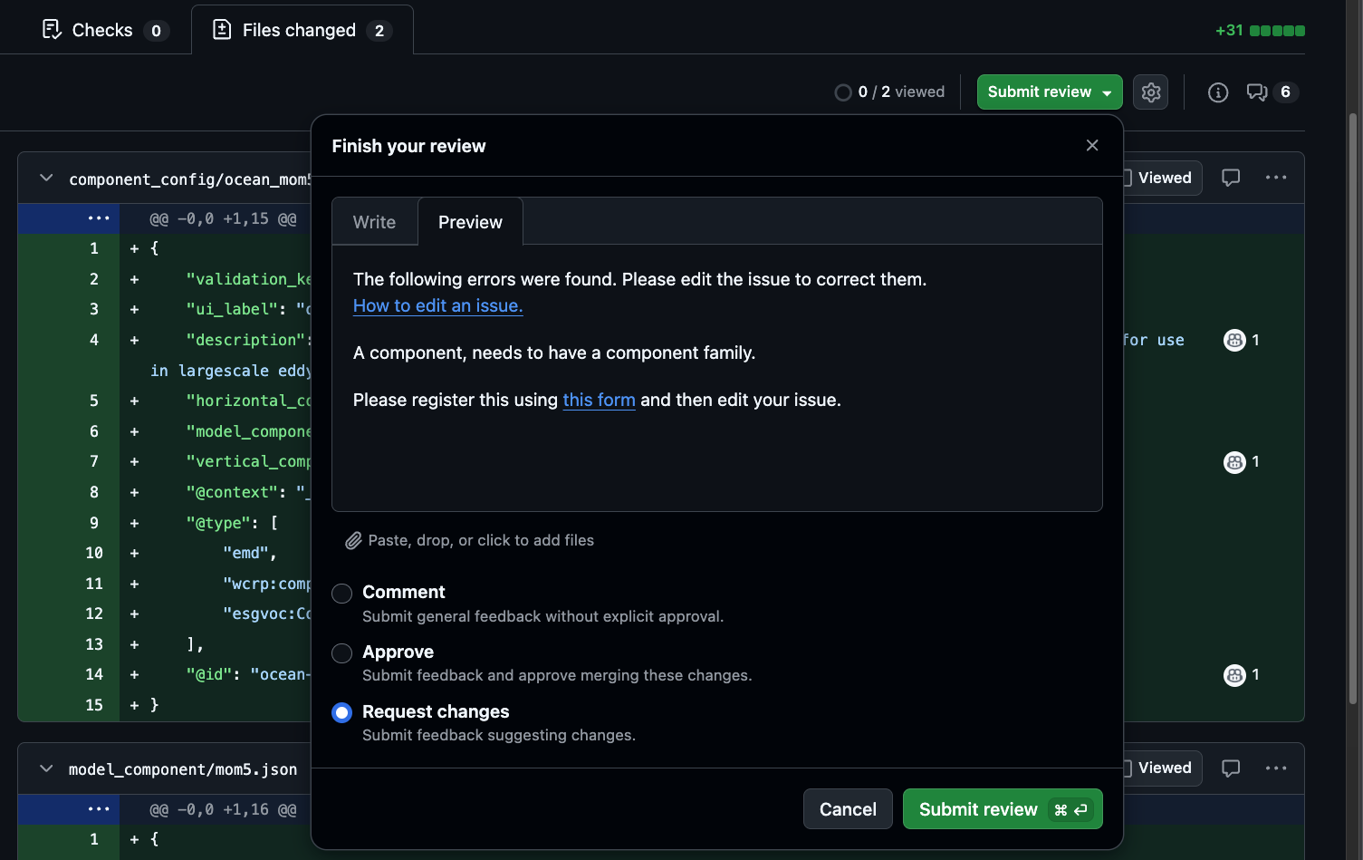 The review panel with Request changes selected